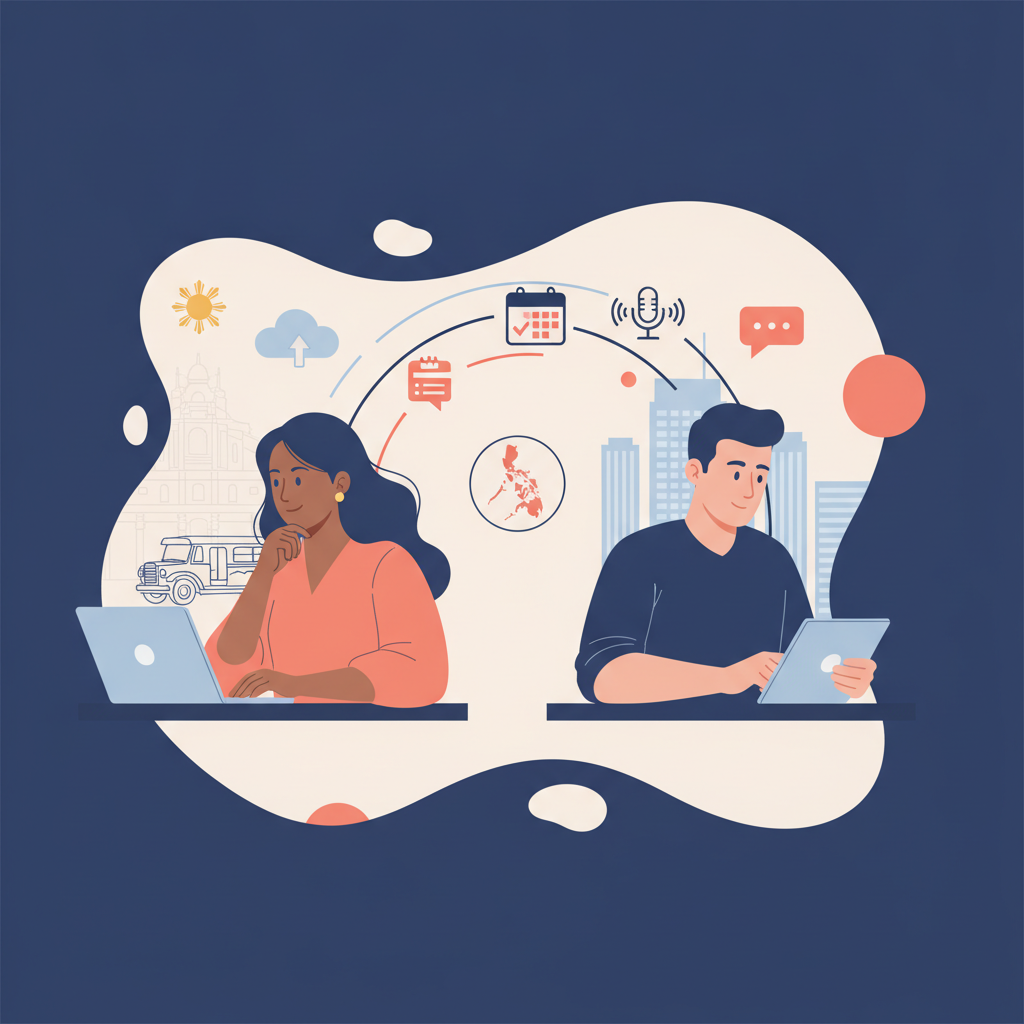 An article-update brief for a Philippines virtual assistant editorial illustration