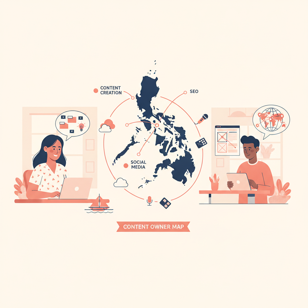 A content-owner map for a Philippines virtual assistant editorial illustration