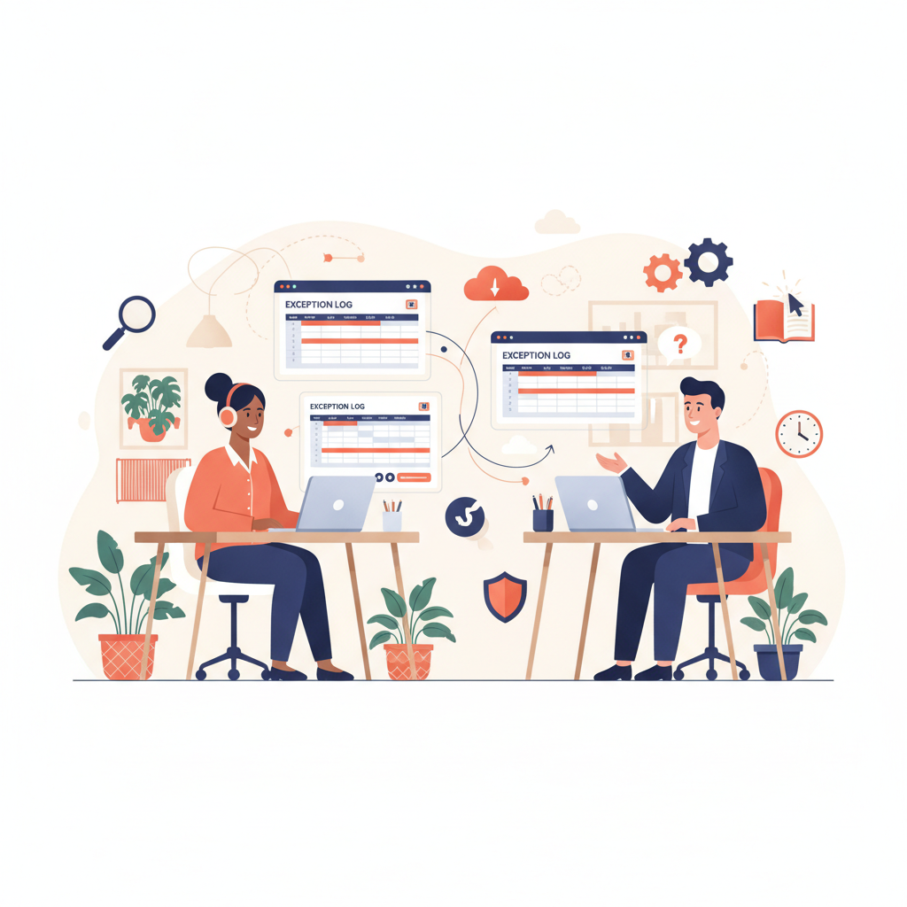 An exception log for virtual assistant article production editorial illustration