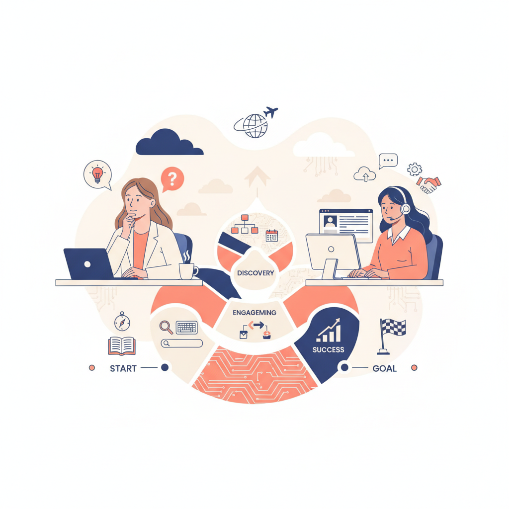 A reader-journey map for virtual assistant article planning editorial illustration