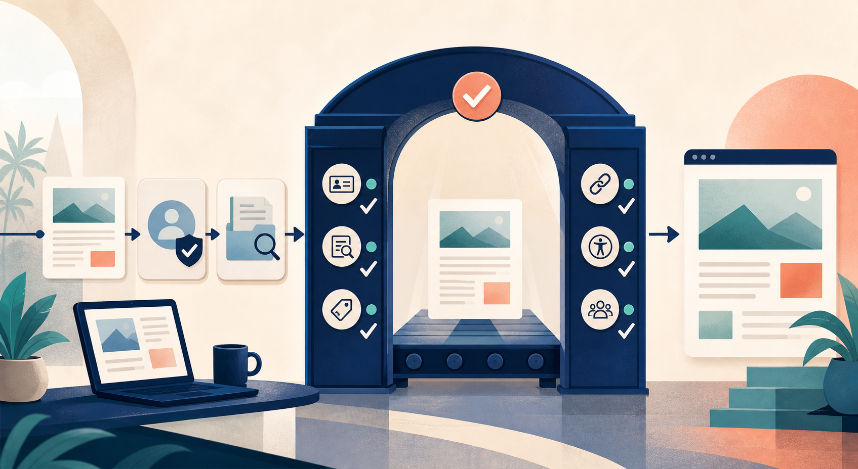 A publishing-readiness gate for virtual assistant articles editorial illustration