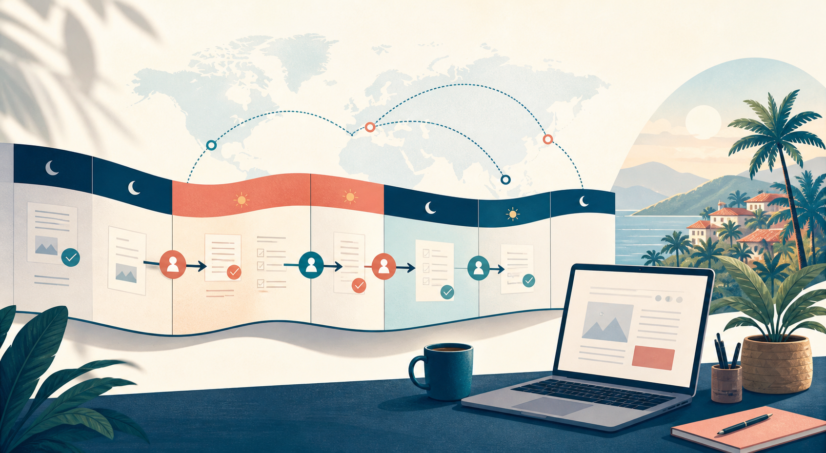 A weekly content-operations rhythm for a remote virtual assistant editorial illustration