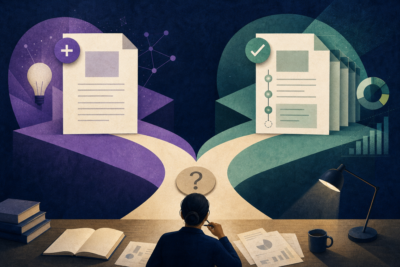 Editorial illustration of article identity decisions for virtual assistant research