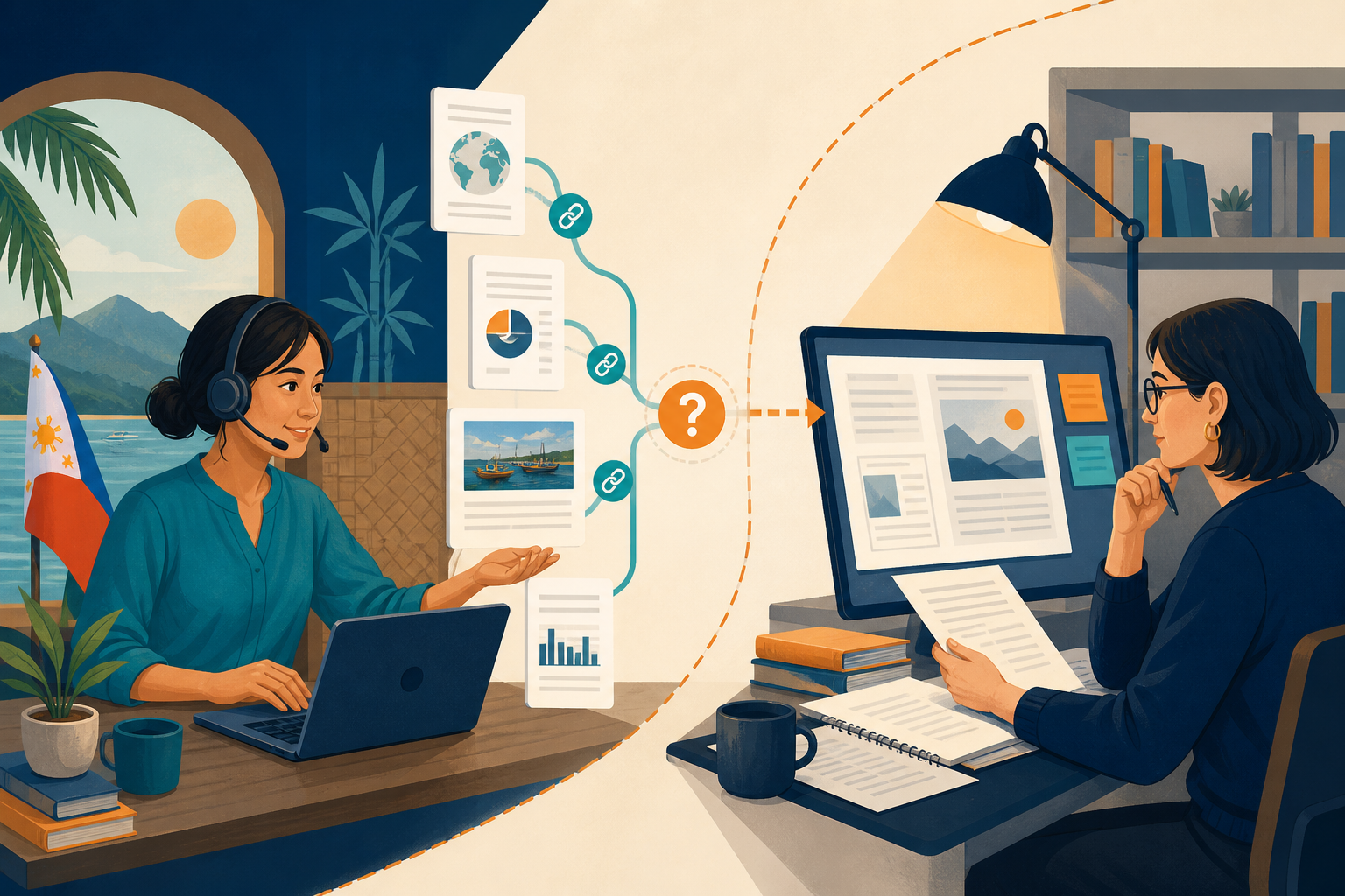 Editorial illustration of evidence-lane capacity for daily virtual assistant research