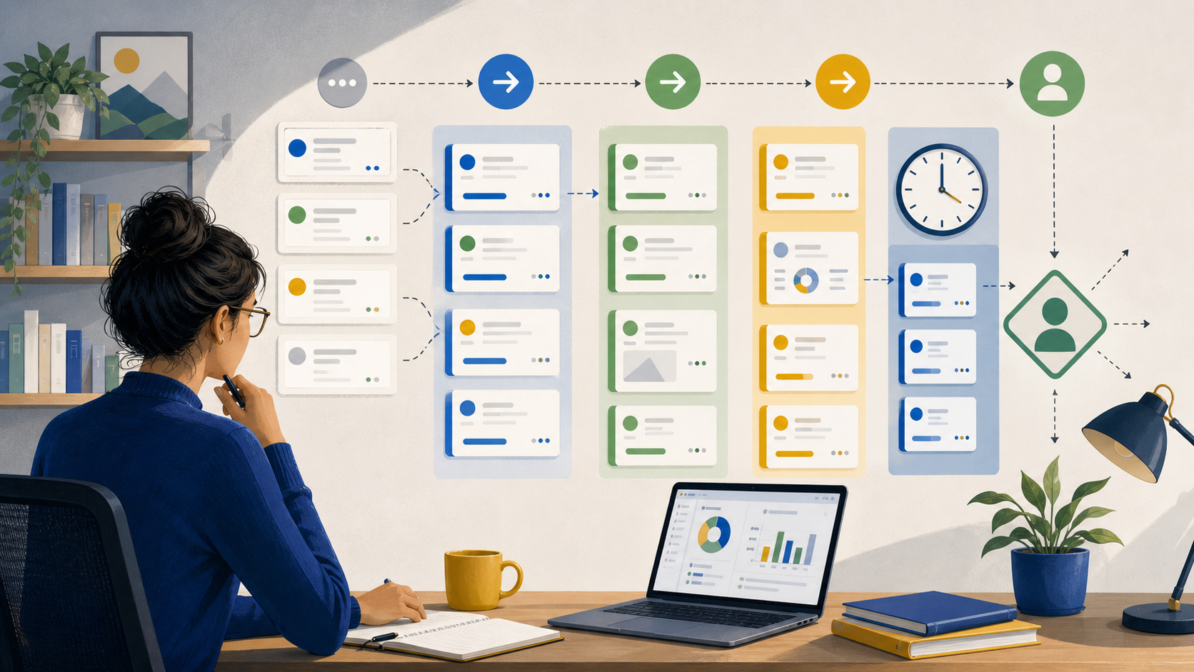 Editorial illustration of reader decision testing for remote article research